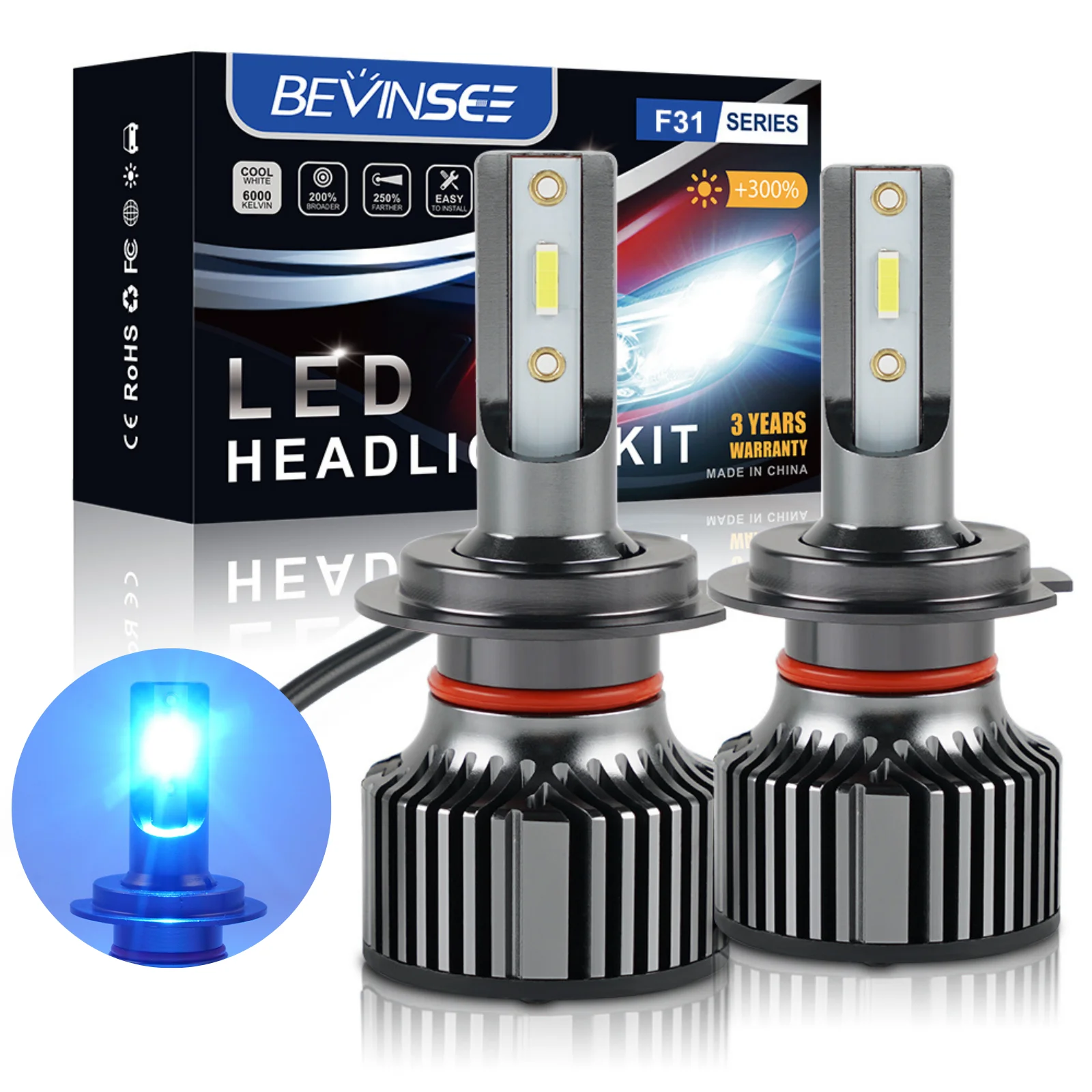 Bevinsee  LED Ʈ , H8 H9 LED Ȱ, 8000K  ̴  H4 Hi/Lo  ڵ 工, 12V, H4 H7 H11